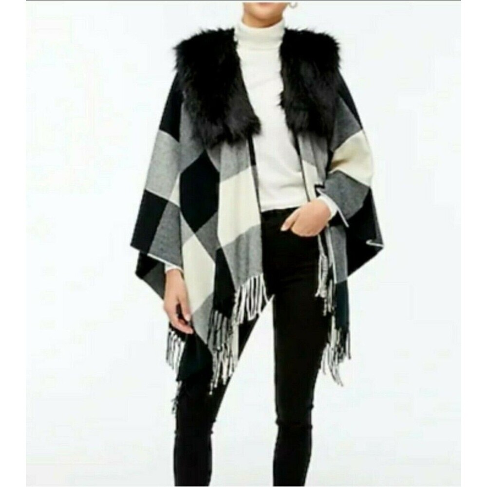 J.Crew Faux-fur Cape-Scarf One Size NWOT Black White Buffalo Plaid AG527 Fringe